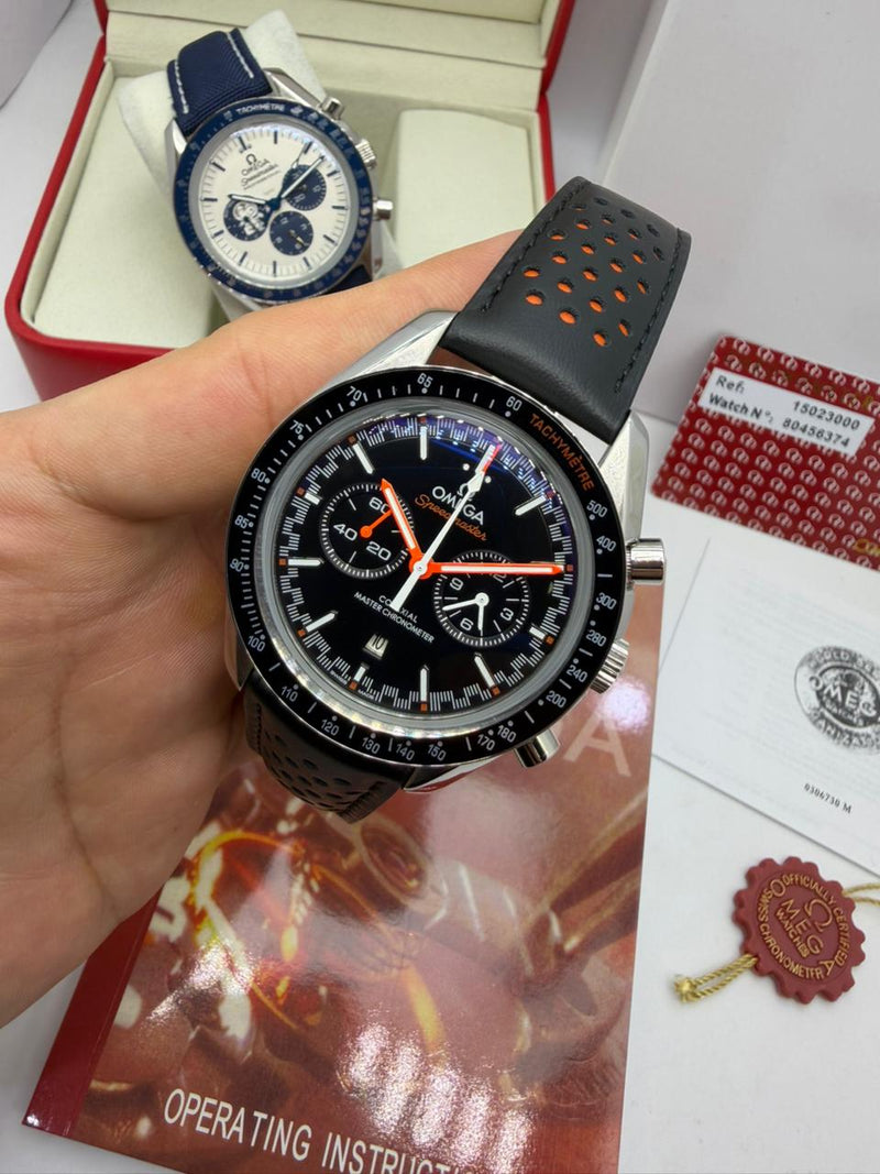 Omega Speedmaster- Couro Preto/Laranja